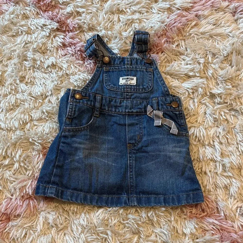 OshKosh B'gosh Blue Denim Overall Dress with Bow 12M